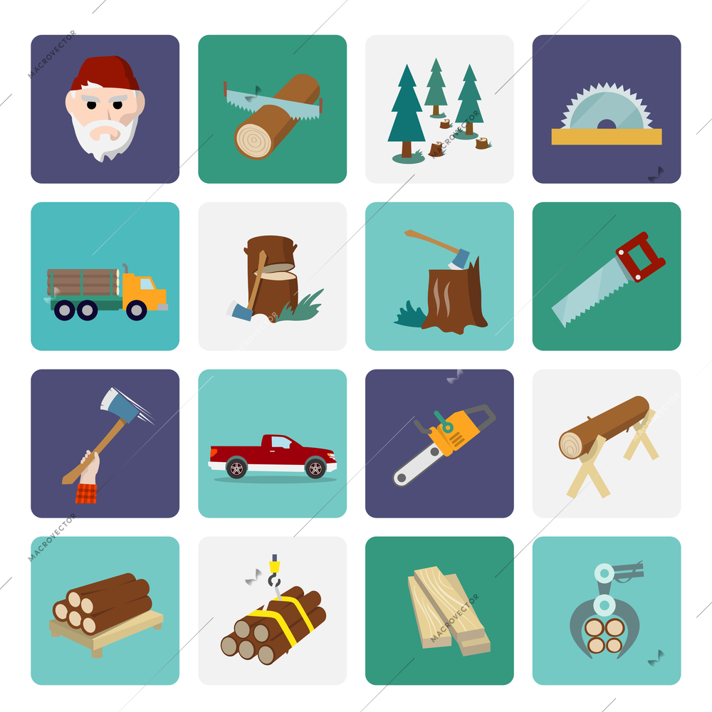 Lumberjack woodcutter flat icons set of wood timber industry isolated vector illustration