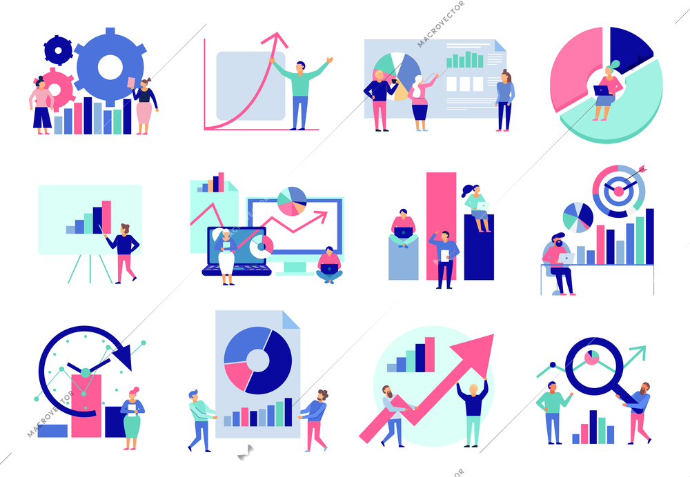 Data analytics diagrams graphic results presentation analysis tools techniques decision making flat icons collection isolated vector illustration