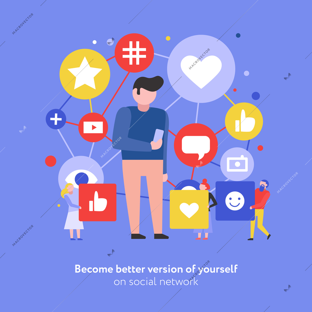 Social media communication information sharing internet network symbols flat composition with male user holding smartphone vector illustration