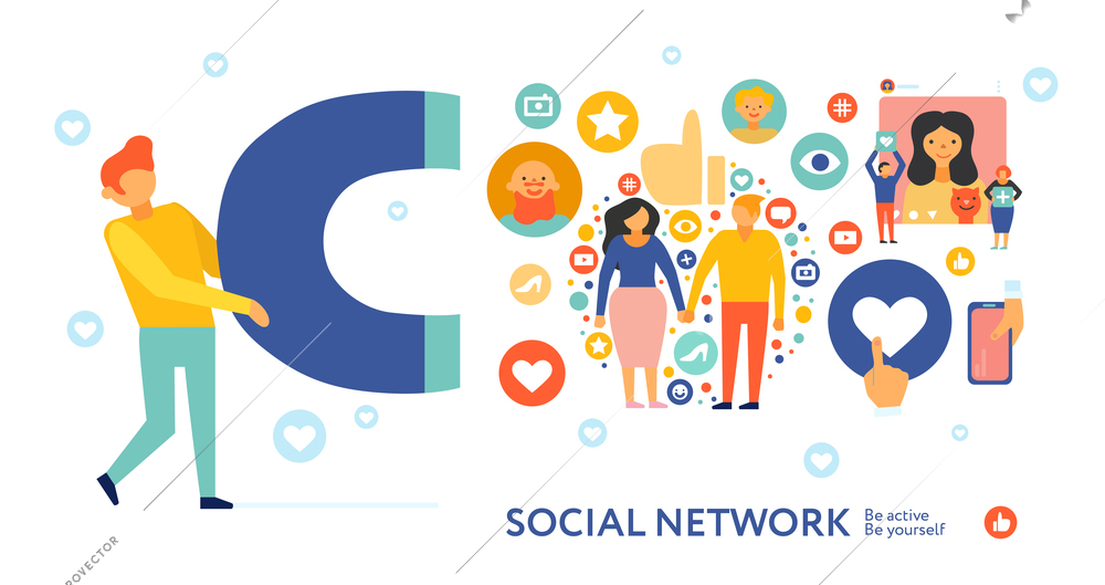 Social network bringing people together flat apps symbols of effective communication activity and gadgets composition vector illustration