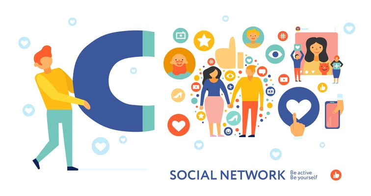 Social network bringing people together flat apps symbols of effective communication activity and gadgets composition vector illustration