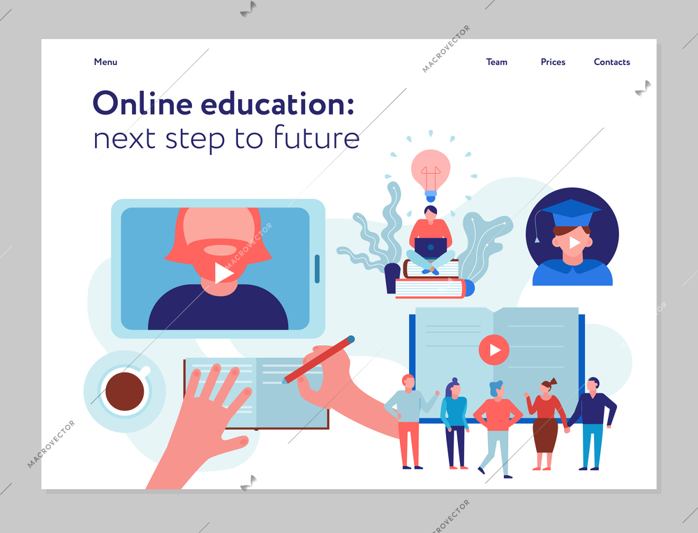 Online certified education program flat concept web page banner with personal tutor on smartphone screen vector illustration