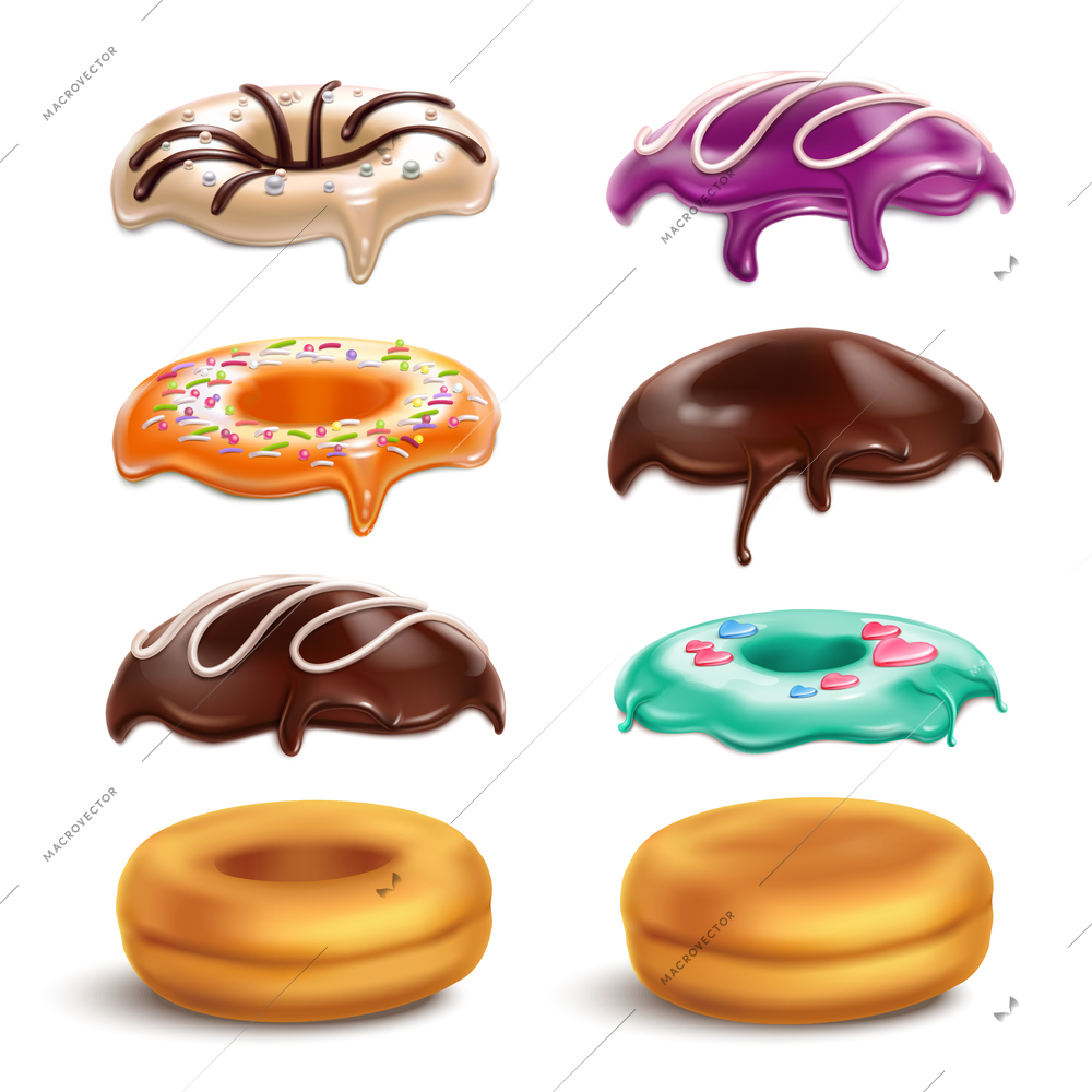 Biscuits donuts cookies frosting variations constructor realistic set with chocolate icing mint orange caramel glaze vector illustration