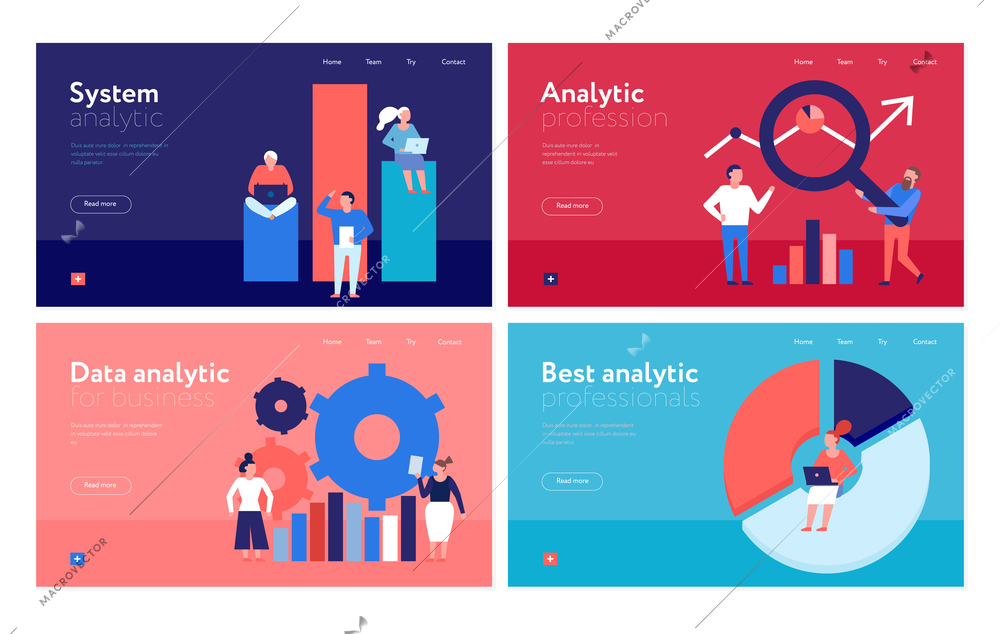 Data analytics 4 flat colorful banners web page design with business organization analysis system isolated vector illustration