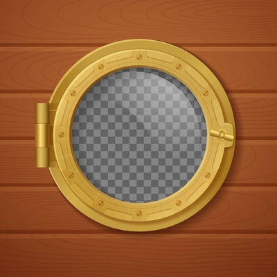 Colored porthole realistic composition golden with transporent background and with wooden wall vector illustration