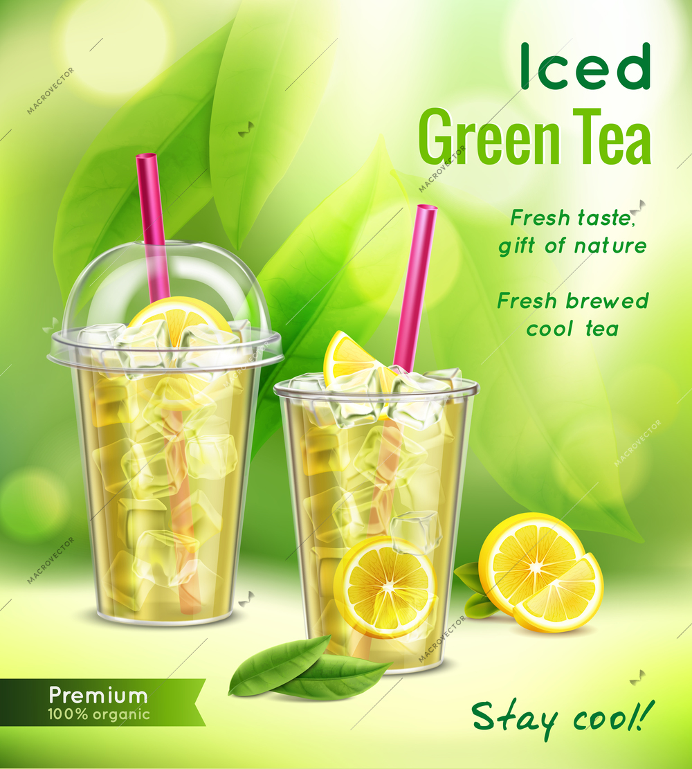 Iced green tea realistic advertising composition with 2 full glasses mint leaves lemon blurred background vector illustration