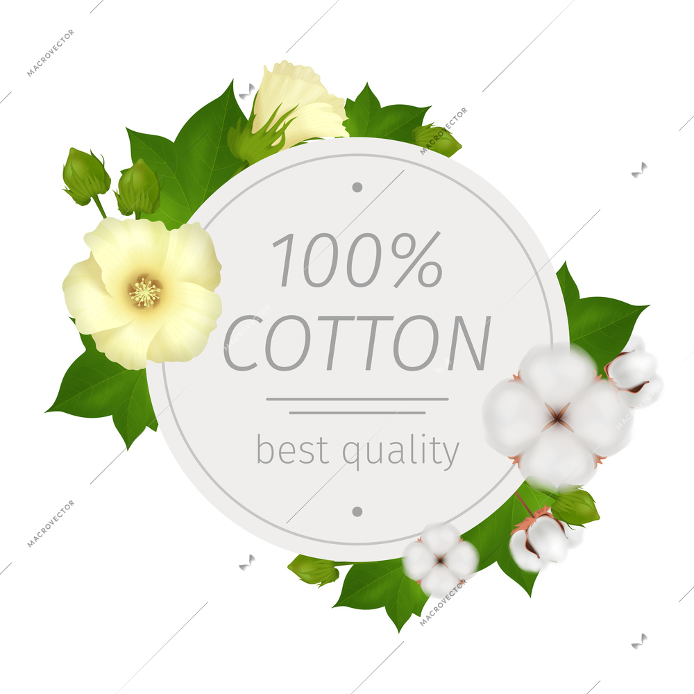 Cotton flower realistic round composition with best quality description and flowers around vector illustration