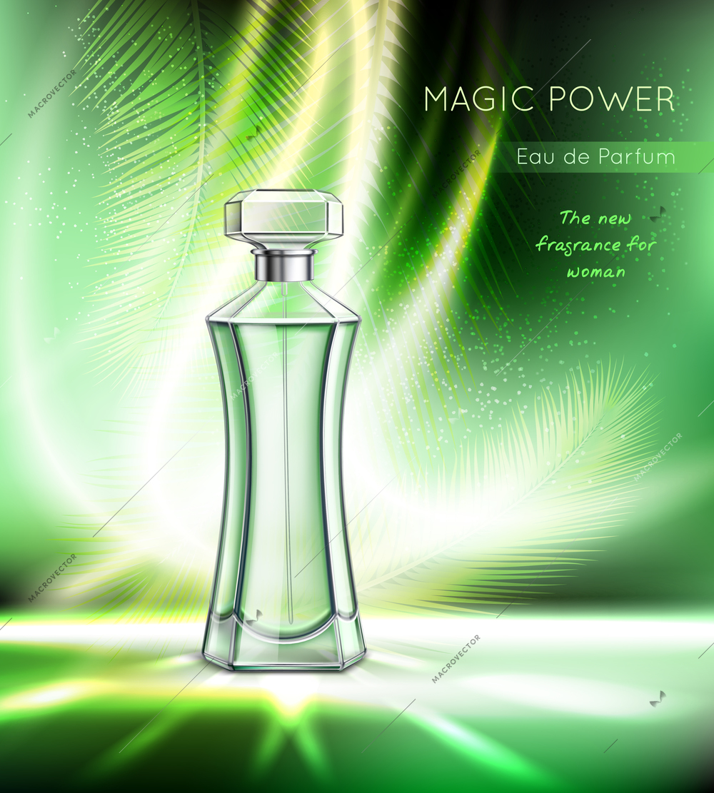 Toilet water perfume eau toilette women fragrance realistic advertising poster with elegant bottle sparkling emerald background vector illustration