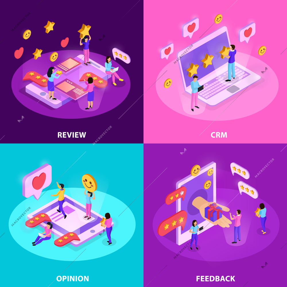 CRM system with review opinion of customer and feed back isometric design concept isolated vector illustration