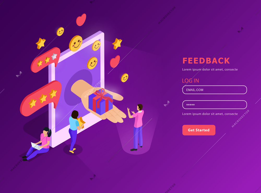 CRM system feed back with mobile device isometric composition with user account purple background vector illustration