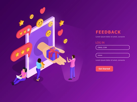 CRM system feed back with mobile device isometric composition with user account purple background vector illustration