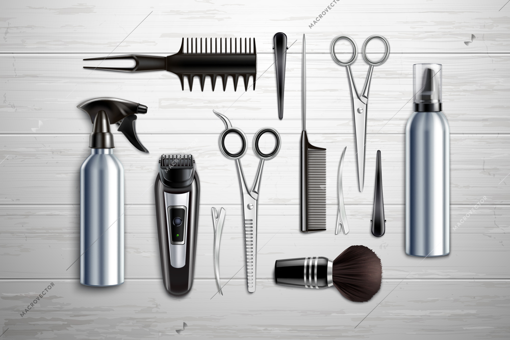 Hairdressing salon barber shop tools collection realistic top view with scissors trimmer clipper monochrome wooden background vector illustration