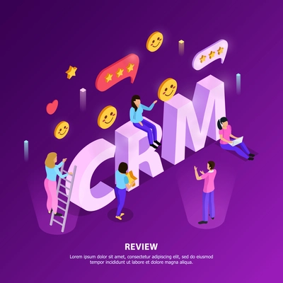 CRM customer review with ranking and loyalty elements on purple background with typographic lettering isometric vector illustration