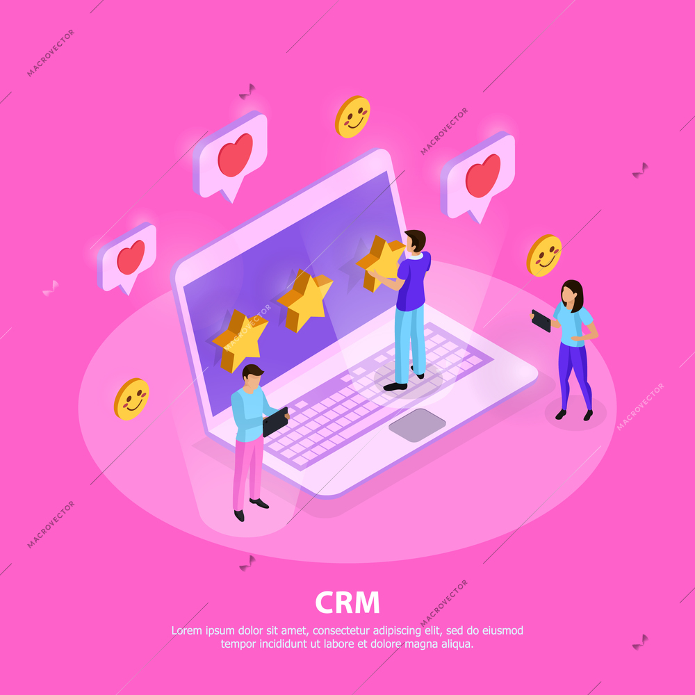 CRM system composition with customers laptop elements of loyalty and rating on pink background isometric vector illustration