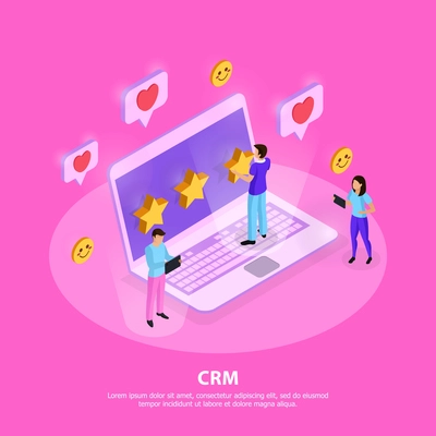 CRM system composition with customers laptop elements of loyalty and rating on pink background isometric vector illustration