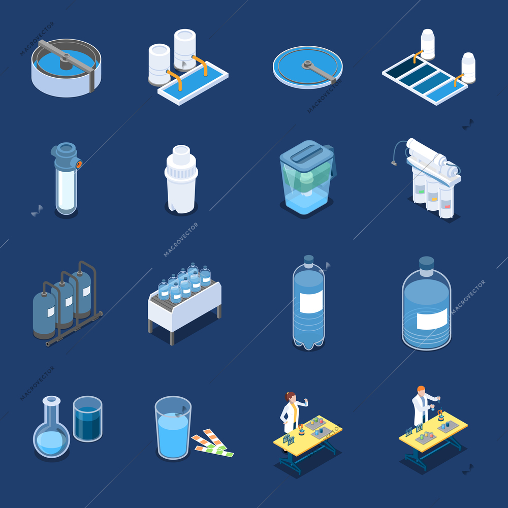 Water cleaning systems isometric icons with industrial purification equipment and home filters blue background isolated vector illustration