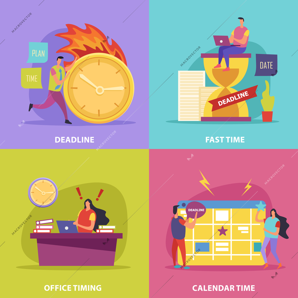 Stressed human characters during deadline flat design concept with clock calendar and fire isolated vector illustration