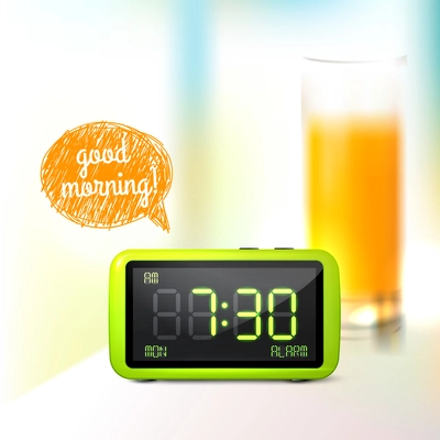 Realistic digital alarm clock with lcd display and glass of orange juice good morning background vector illustration