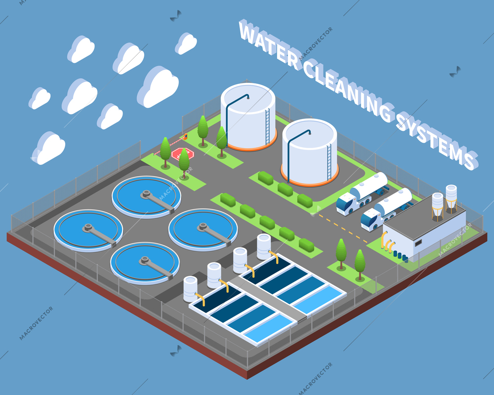 Water cleaning systems isometric composition with industrial treatment facilities and delivery trucks on blue background vector illustration