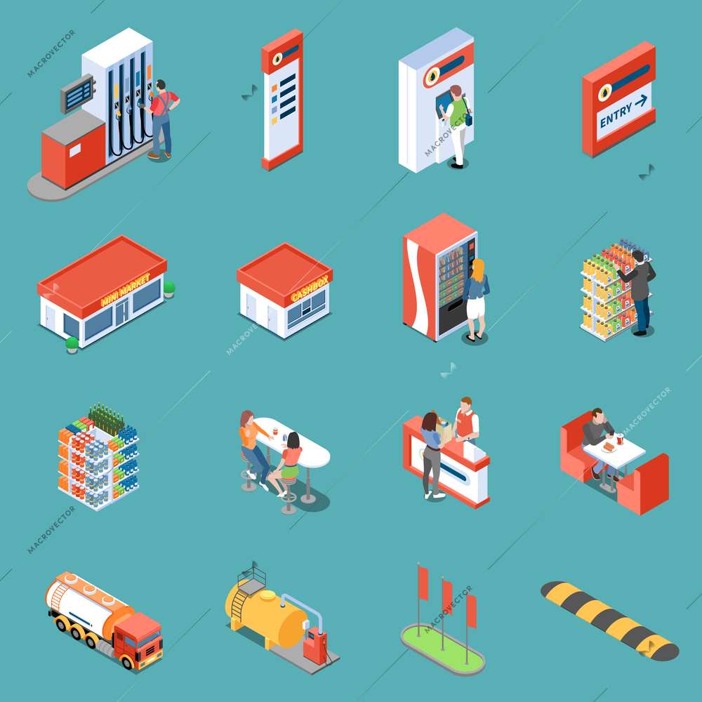 Infrastructure of gas station and services for clients isometric icons on turquoise background isolated vector illustration