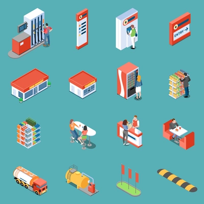 Infrastructure of gas station and services for clients isometric icons on turquoise background isolated vector illustration