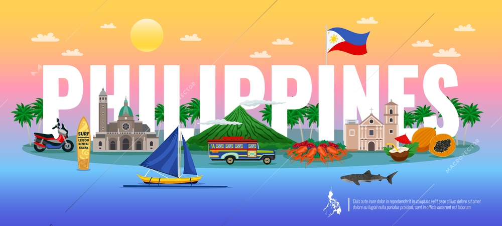 Philippines typographic composition with traditional food various landmarks and animals on gradient background horizontal vector illustration