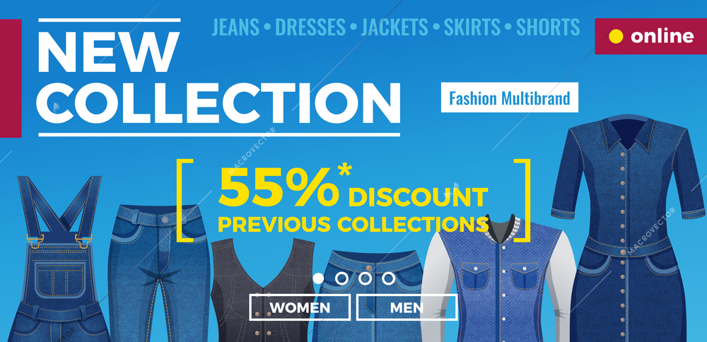 Denim clothing for men and women web banner with menu template and advertising blue background vector illustration