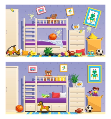 Clean and messy children room set of banners with furniture and interior objects isolated vector illustration