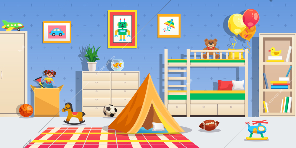 Children room interior with white furniture sports balls tent and colorful toys horizontal flat vector illustration