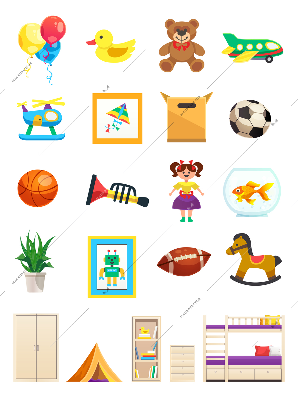 Set of interior objects of children room with furniture toys sports equipment and pet isolated vector illustration