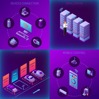 Iot business office isometric concept with devices connection data center parking and mobile control isolated vector illustration
