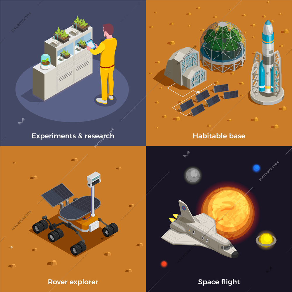 Mars colonization 2x2 design concept set of space flight rover explorer research experiments habitable base isometric compositions vector illustration