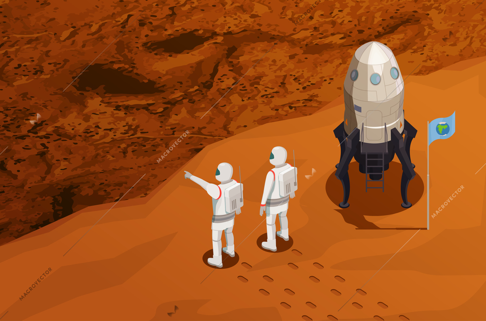 Mars exploration isometric poster with two astronauts near space ship arrived on red planet vector illustration