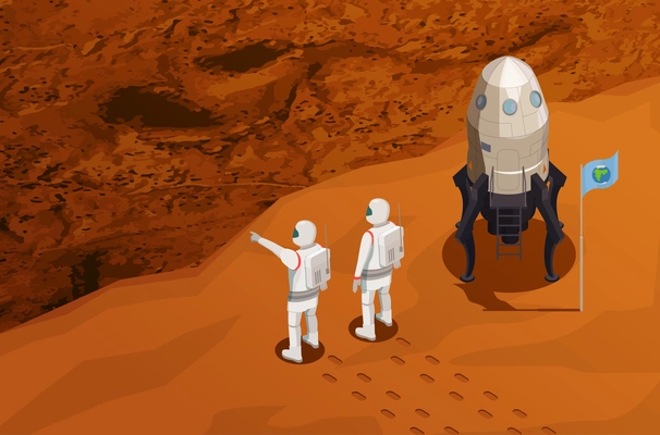 Mars exploration isometric poster with two astronauts near space ship arrived on red planet vector illustration