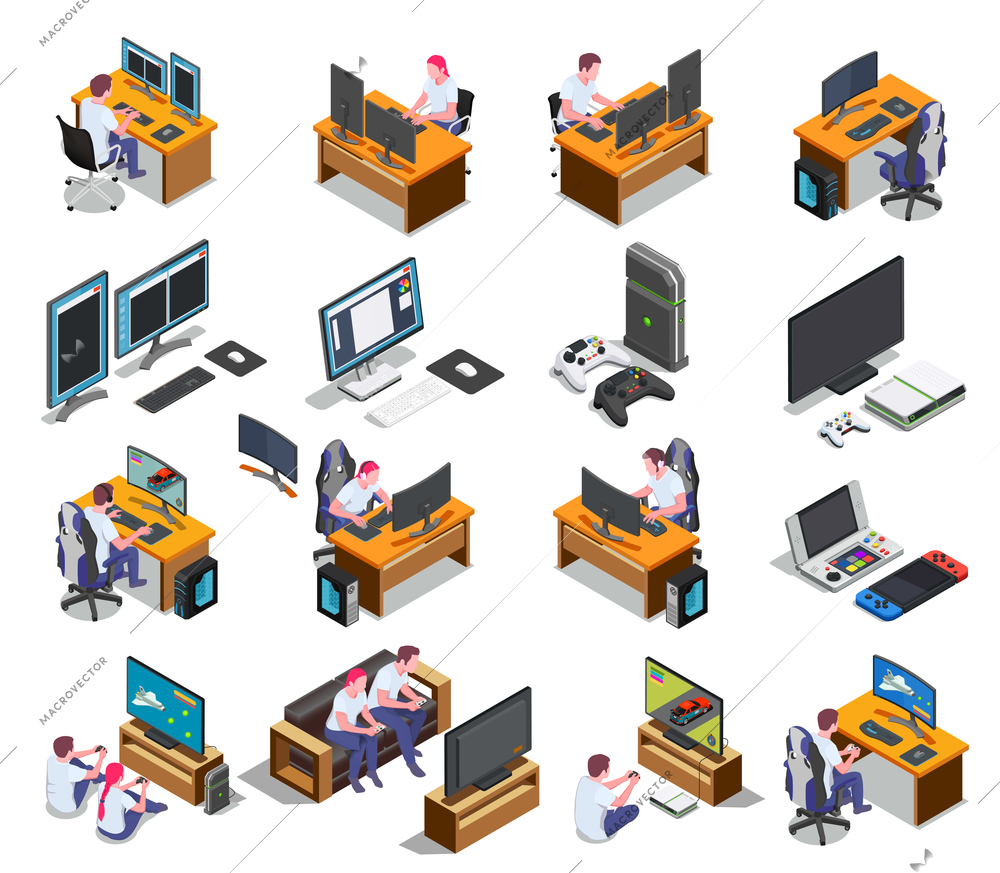 Gaming development isometric set of developers at computer screens and gamers playing video game using playstation and joystick isolated vector illustration