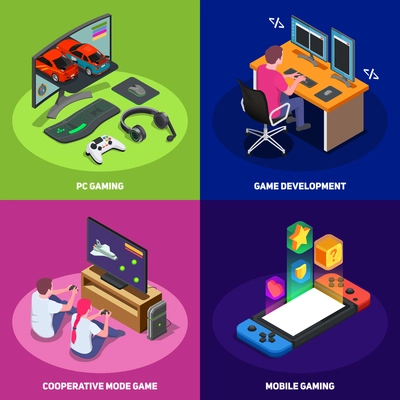 Gaming development 2x2 design concept set of mobile pc and cooperative modes of game isometric vector illustration