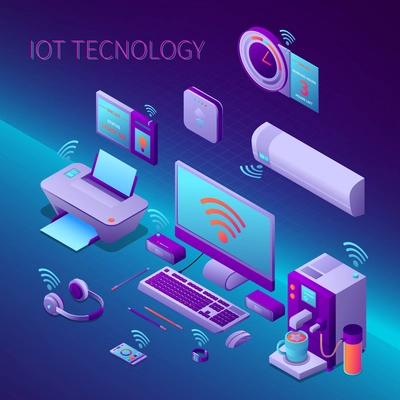 Iot technology isometric composition with office equipment and electronic personal gadgets on gradient background vector illustration