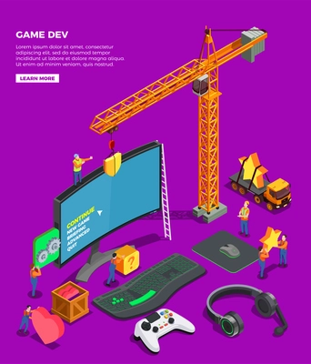 Game development isometric composition with big screen keyboard joystick for video game headphones and crane as symbol of game industry vector illustration