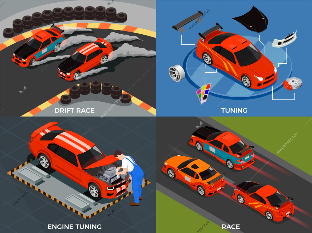 Car tuning 2x2 design concept set of engine and body modifications for drift race isometric vector illustration