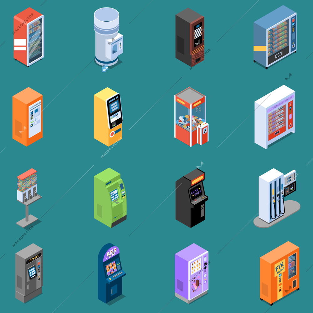 Set of isometric icons with various vending machines on turquoise background isolated vector illustration