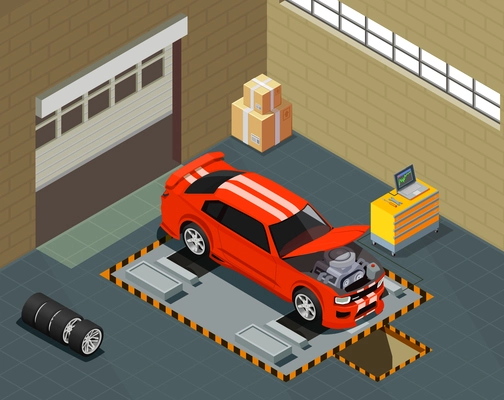 Car tuning isometric composition with automobile on lift in auto repair service interior vector illustration