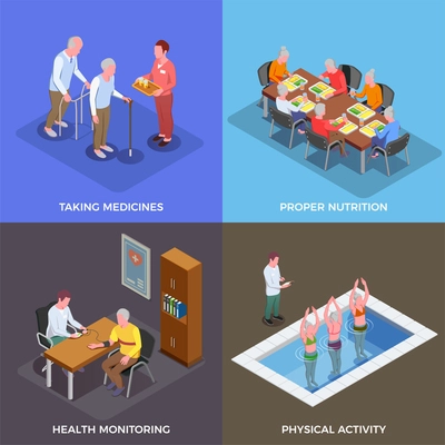 Nursing home  2x2 design concept set of taking medicines proper nutrition health monitoring physical activity square compositions isometric vector illustration