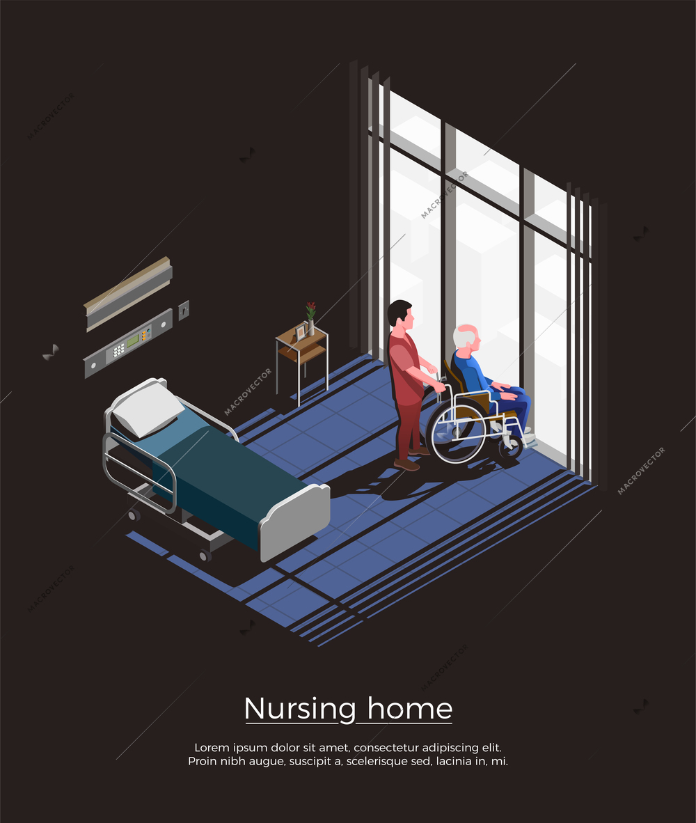 Nursing home isometric composition with elderly man sitting on wheelchair and his caretaker in room interior vector illustration