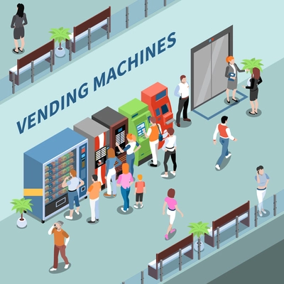 Consumers near vending machines in lobby of business center isometric composition vector illustration