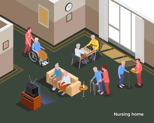 Nursing home isometric poster illustrated interior of common hall with sofa tv set table for games and inhabitants of social facility vector illustration