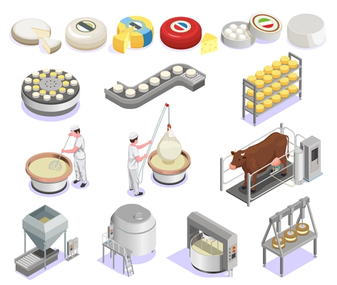 Cheese production isometric set with factory equipment and large assortment of finished products isolated vector illustration