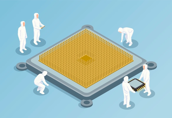 Semiconductor isometric vector illustration with big image of cpu in center and people in white technological clothing for clean rooms