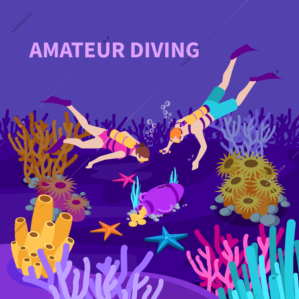 Amateur diving isometric composition with divers and amphora with coins at sea bed violet background vector illustration