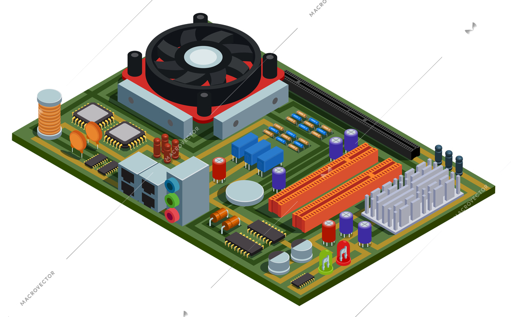 System plate for pc isometric vector illustration with semiconductor elements slots microchips capacitors diodes transistors