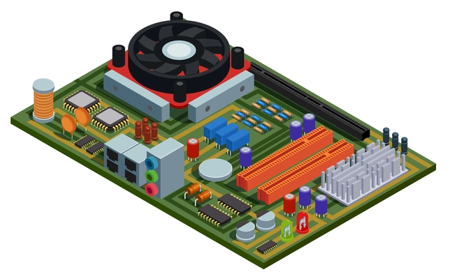 System plate for pc isometric vector illustration with semiconductor elements slots microchips capacitors diodes transistors